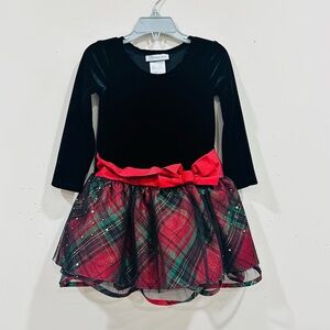 Bonnie Jean Girls Christmas Holiday Santa‎ Plaid Velvet Red Silver Bow dress 3T